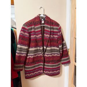 Vintage Southwestern Blanket Jacket Large Boho Aztec Tapestry Blazer Red